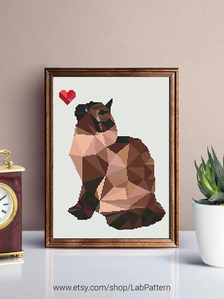 Polygonal Cat Heart Cross stitch pattern | Embroidery Pattern | Instant Download | Embroidery Designs