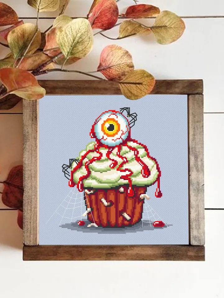 Halloween cupcake cross stitch pattern download PDF Spooky cross stitch Dessert Beginner stitch Cute Halloween embroidery Sweet food #H14