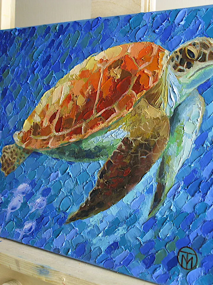 Sea Turtle Painting Animal Original Art Ocean Painting On Canvas Art Impasto Hawaii Wall Art 12" x 16" By Colibri Art
