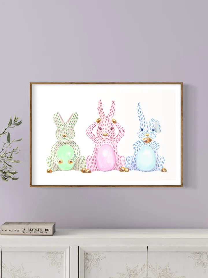 Rabbit Easter Chinoiserie Watercolor Painting Print Easter Bunny Rabbit Gift Print Rabbit Poster Cute Bunny Print Easter Egg Gift Wall Print