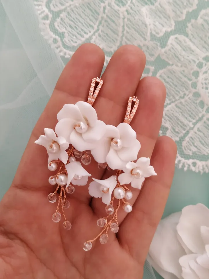 Rose Gold Boho Wedding Earrings, Boho Bridal Earrings, White Clay Flower Wedding Earrings, Floral Bridal Earrings, Long Teardrop Earrings,