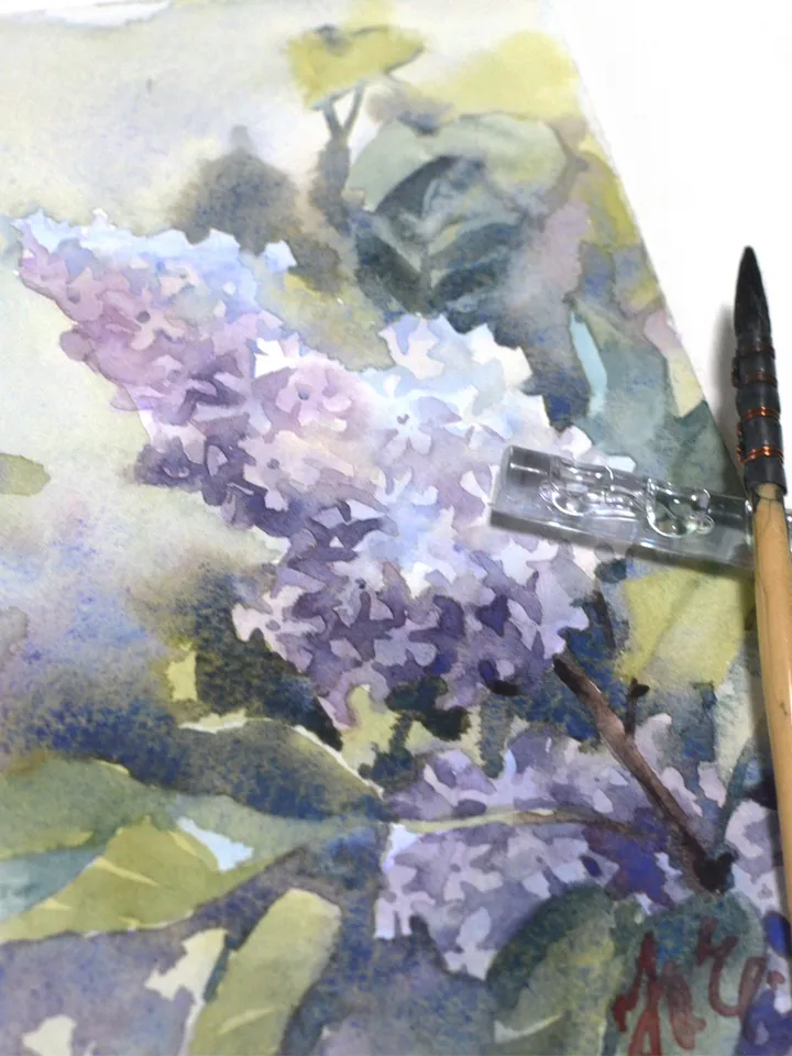 Lilac branch in Watercolor Original floral painting by Yulia Evsyukova