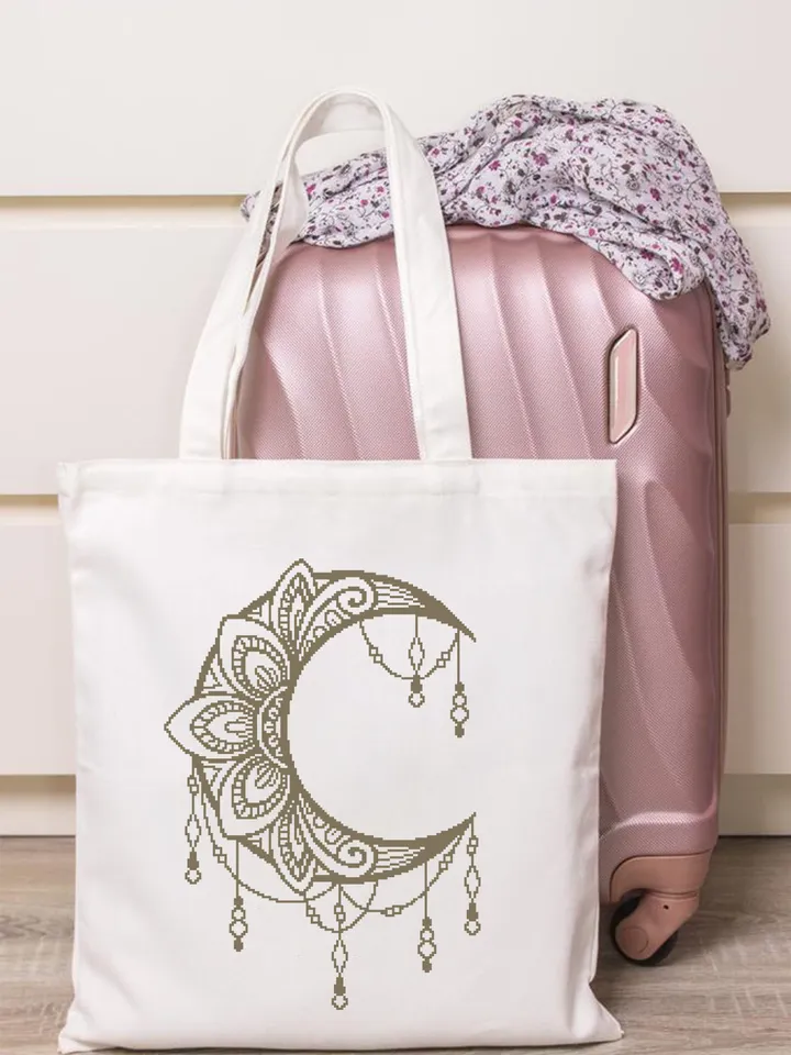 Crescent moon cross stitch pattern PDF download Mandala cross stitch chart, Mandala moon pattern digital PDF, Moon ornament embroidery #M192