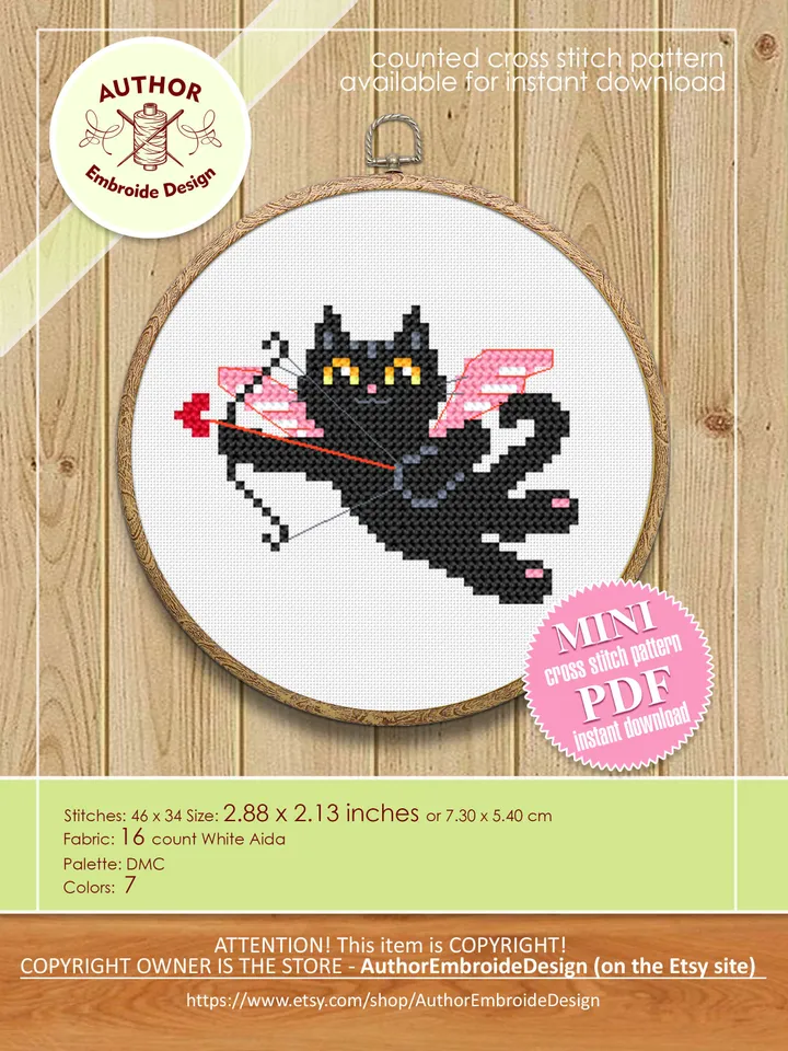 Set Cat valentines day cross stitch pattern download PDF Funny black cat cross stitch chart, Cute cat valentine cross stitch, Cat lover #T9