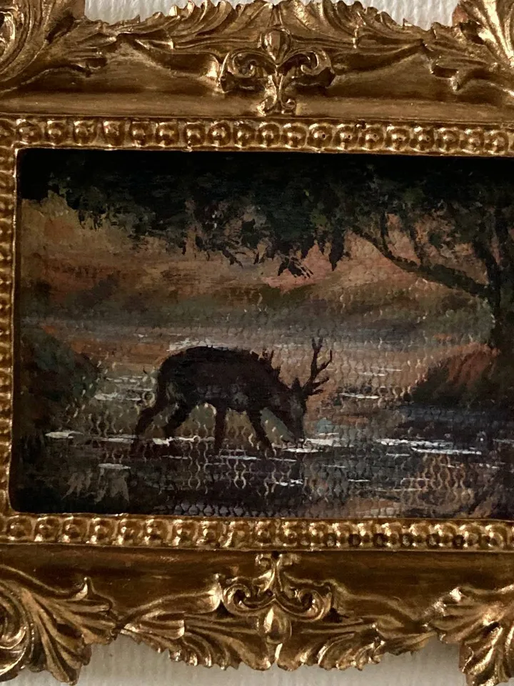 Forest Deer Landscape Oil Painting Original In Vintage Style Frame Small Framed Oval Painting Art
