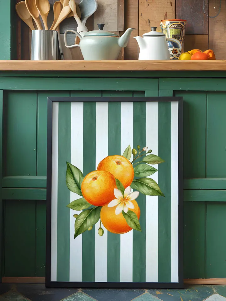 Orange Wall Decor, Orange Fruit Poster, Farmhouse Kitchen Art Painting, Kitchen Prints, Trendy Food Art, Retro Kitchen Art, Fruit Wall Decor