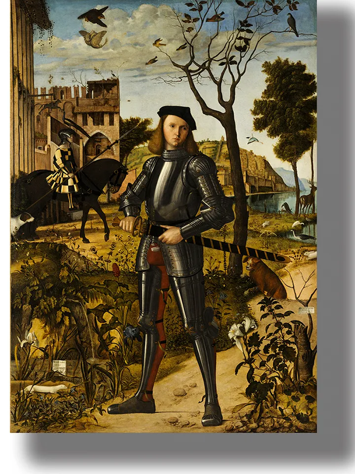 Young knight in a landscape. Beautiful medieval landscape. Medieval art print. Reproduction of a feudal warrior of the Middle Ages.