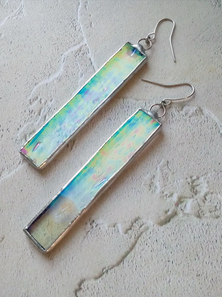 Iridescent stained glass, clear earrings, cute rectangle earrings, dichroic earrings, duochrome earrings