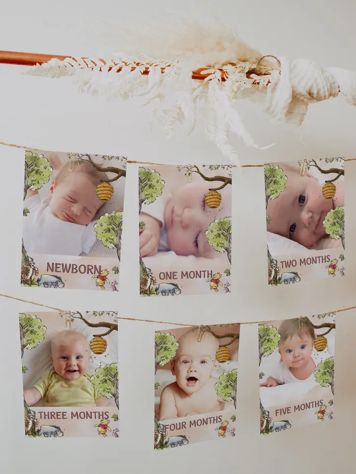 Editable Photo Banner one year garland Winnie the Pooh First Birthday Photo Banner Garland; Hundred Acre Wood Party; Instant Download; wp6