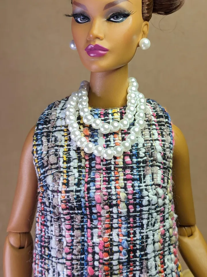 Handmade checked black & blue bouclé mini dress for 16-inch Fashion Royalty dolls (FR16)