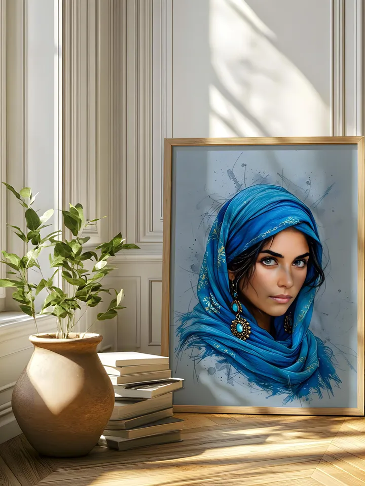 Afghan Woman Portrait Wall Art Modern Indigo Print Middle Eastern Heritage Poster Arab Woman Artwork Blue Gallery Digital Download
