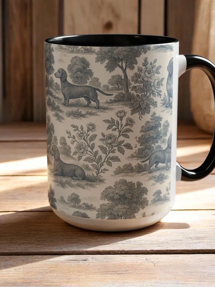 Dachshund French Toile de Jouy Mug, Blue Toile Coffee Cup for Doxie Mom, Sausage Dog Lover Gifts, Dog Tea Drinkware, Gift For Dog Lovers