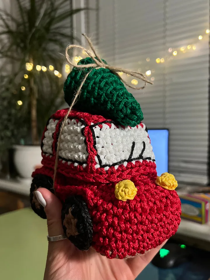 Christmas car with tree, interior basket, crochet decor, gift ornaments, sweet storage