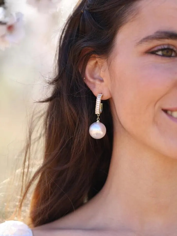 Pearl Hoop Wedding Earrings, Bridesmaid Gift, Minimalist Bridal Earrings, Swarovski Jewelry, CZ Statement Wedding Earrings,Statement Jewelry