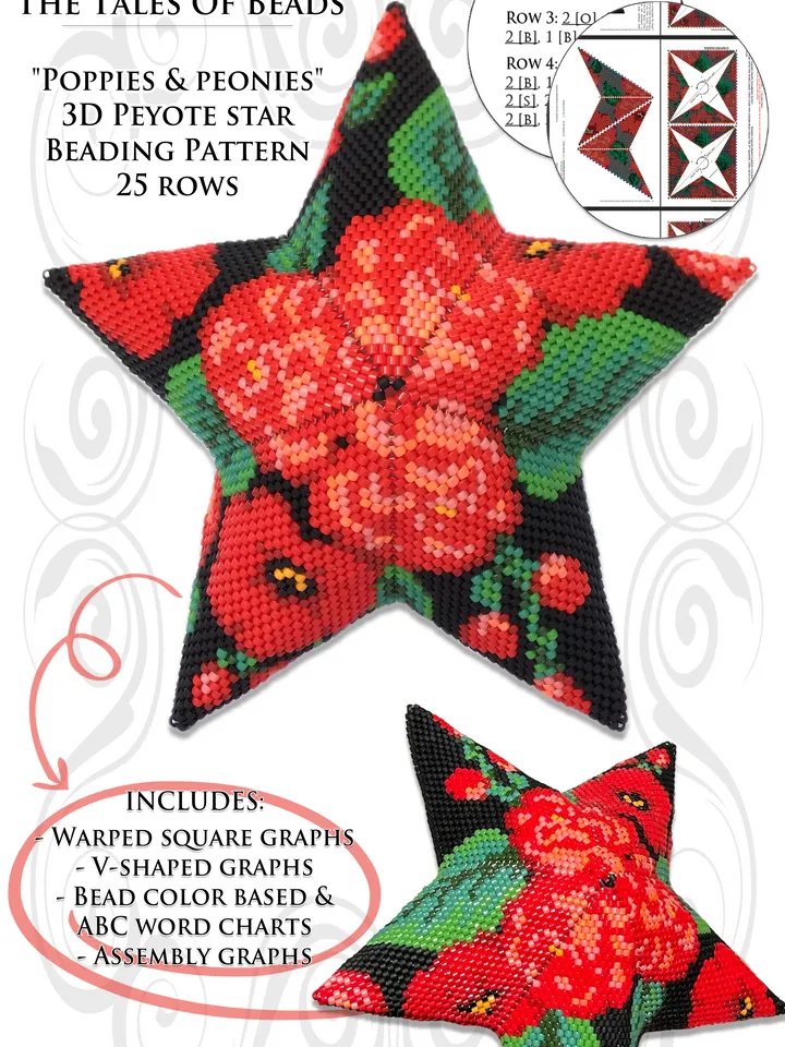 Peyote Star Pattern - Poppies & Peonies Beaded Ornament