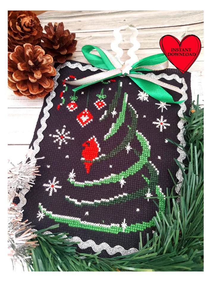 Red cardinal Christmas tree cross stitch pattern pdf greeting card embroidery
