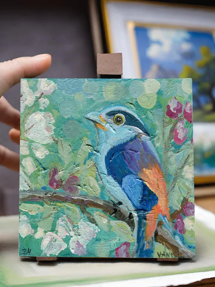 Grey-breasted Broadbill, bird, oil painting on canvas on cardboard.