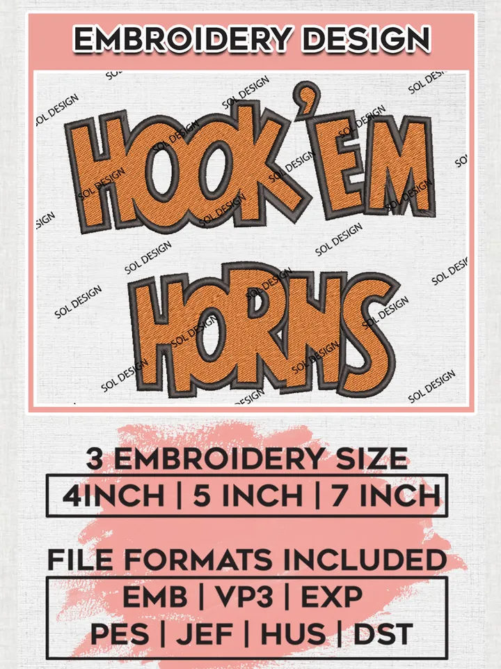 NCAA Hook Em Horns Team Logo Embroidery Design Files, NCAA Texas Longhorns Machine Embroidery, NCAA Teams, 3 sizes, NCAA Machine embroidery designs, Digital Download
