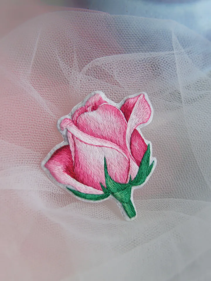 Rose Bud Brooch. Embroidered brooch, artistic satin stitch.