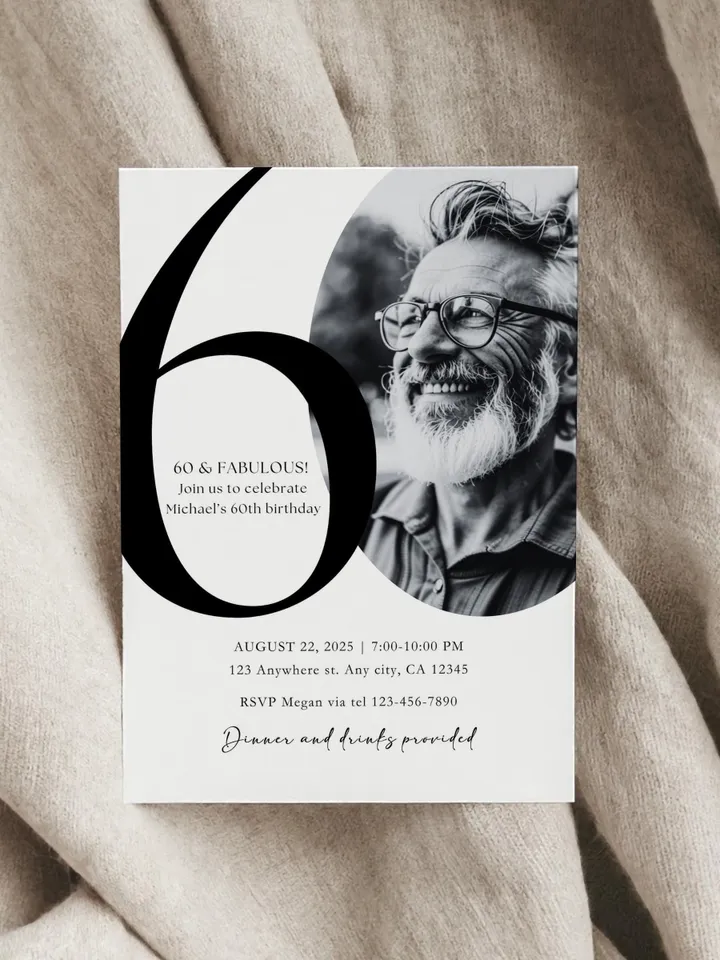 60th Birthday Party Invitation Card, Look Who's 60, Editable 60th Birthday Card Template, Printable Minimalist Birthday Photo Card Canva