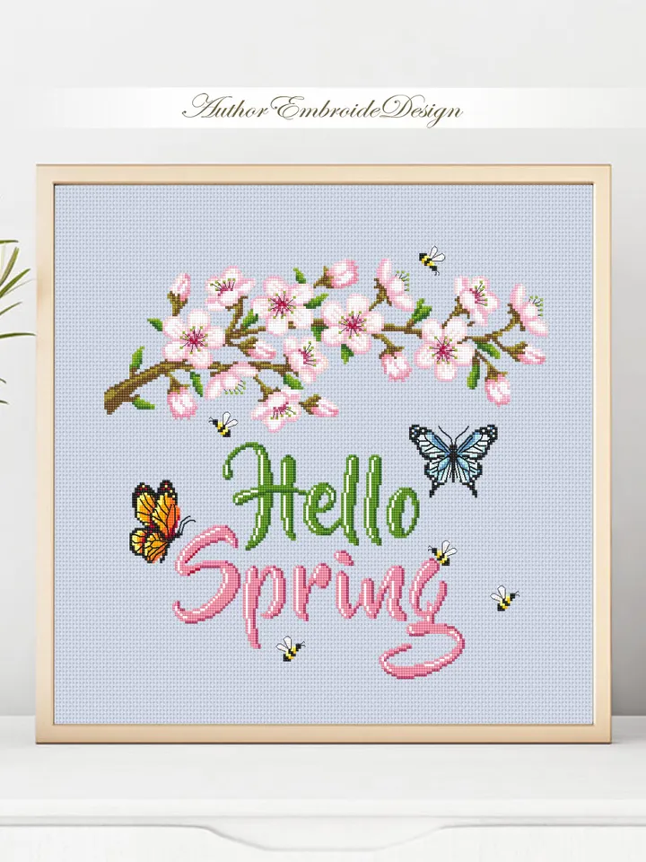 Hello spring cross stitch pattern PDF download Cherry blossom cross stitch chart, Floral pattern digital PDF Sakura flower cross stitch #Q66