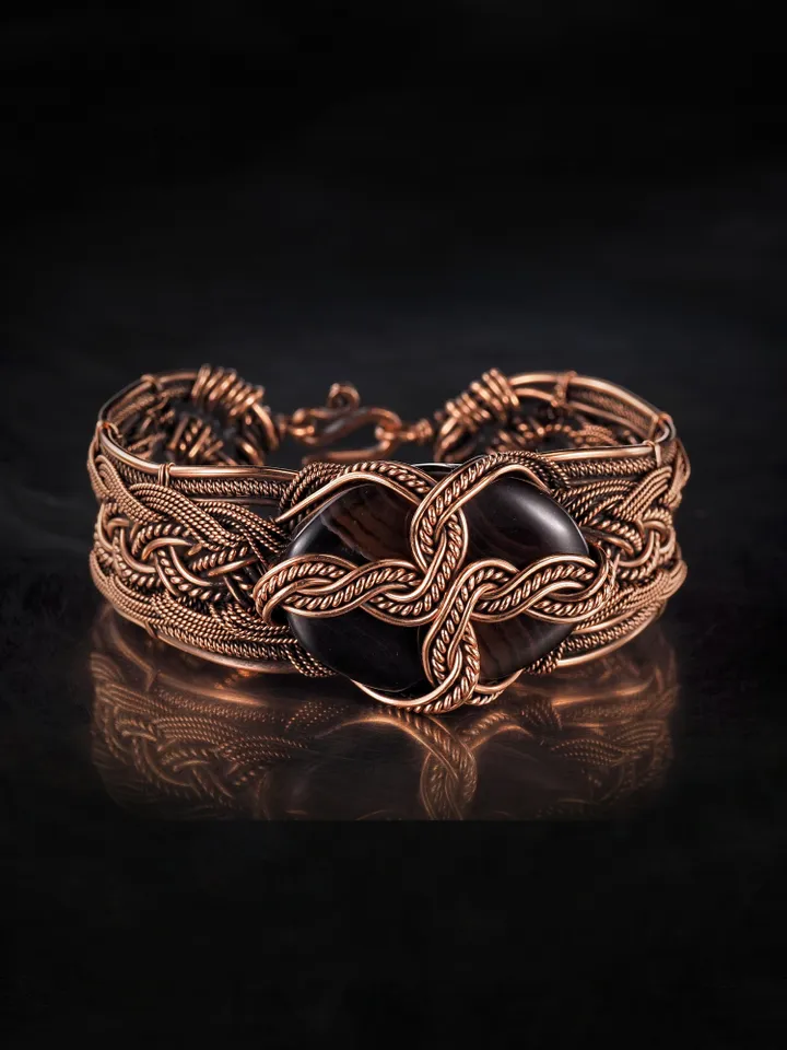 Copper wire wrapped agate bracelet Unique woven copper wire bangle Small size