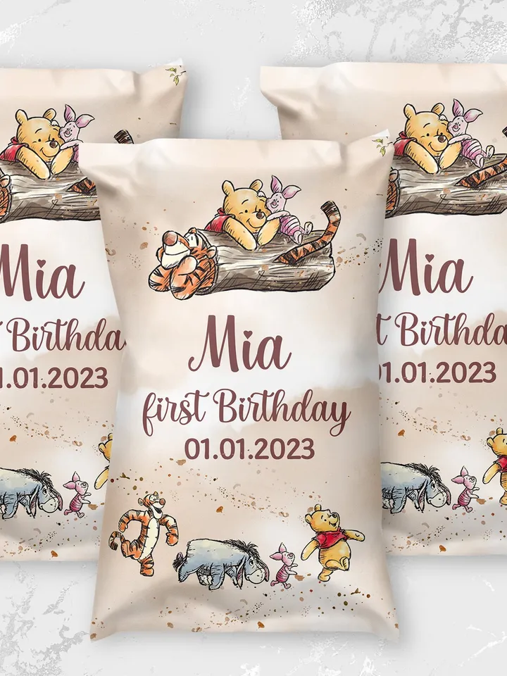 Editable Chips Label Hundred Acre Wood First Birthday party chips label; Winnie the Pooh Party; Classic Pooh Party Birthday ; wp6