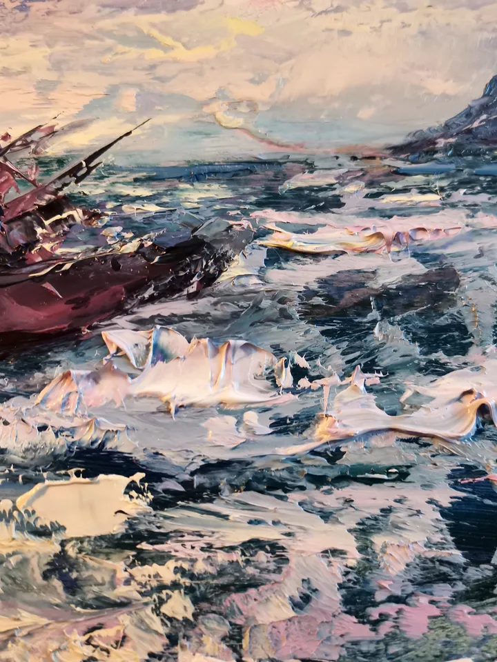 Mountains Sea Ship Ocean Sunset Original Art Oil Painting Artist Svinar Oksana