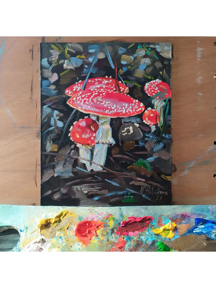 Mushroom painting Fly Agaric Original Art 10 by 8 inches Amanita Wall Art Mushrooms artwork original oil painting