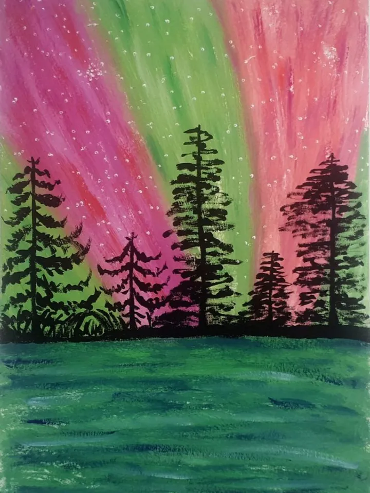 Aurora Borealis Nothern Lights Art, Acrylic on Paper, Nothern Landscape Painting