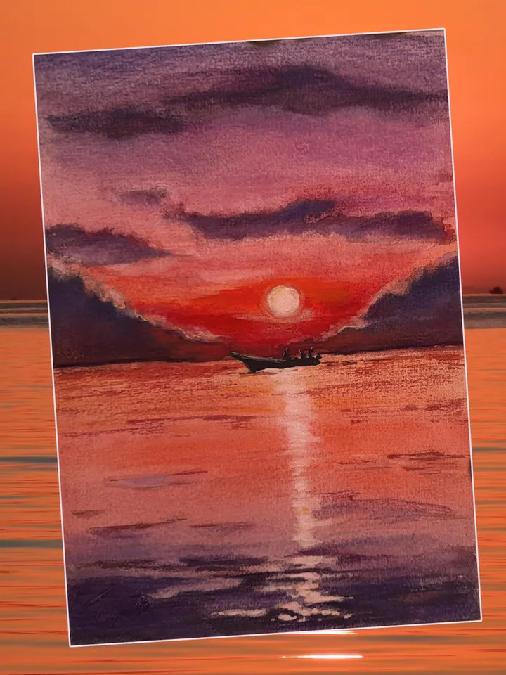 Watercolor painting On the Sunset. Sea voyages watercolor series