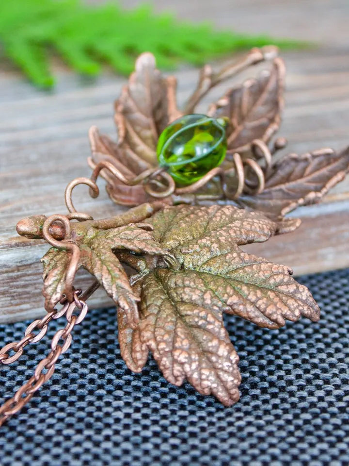 Unique handmade copper pendant made of nature leaves in a single copy, original gift
