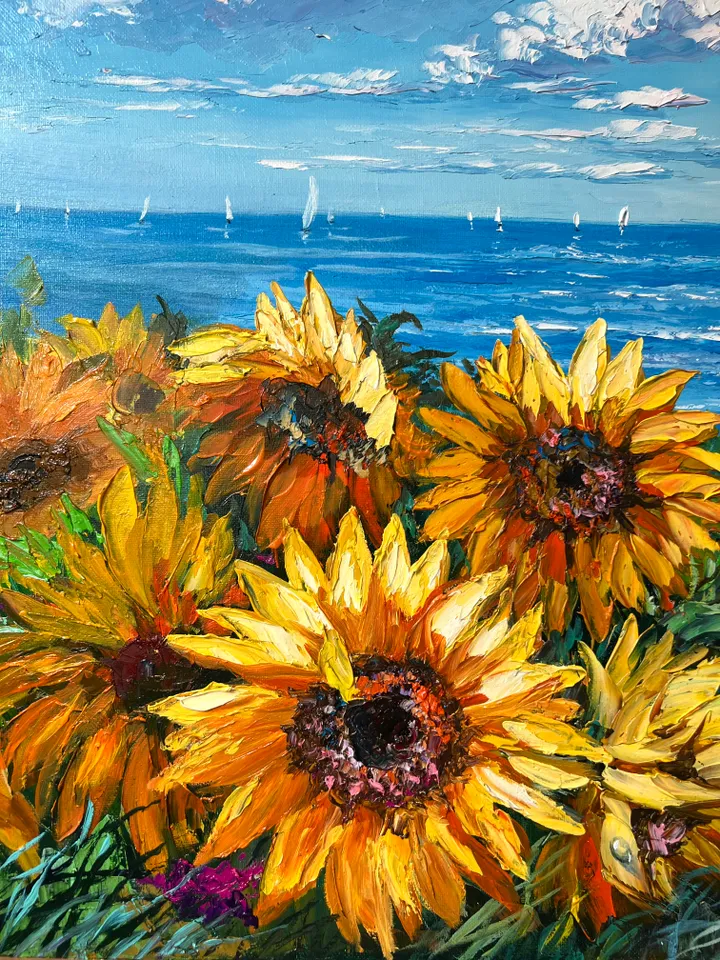 Original oil painting on canvas large artwork sunflowers fields and sea beautiful landscape realistic impasto art