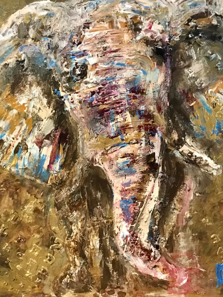 Golden elephant original acrylic mix media textured painting on cardboard,abstract animals wall art,nursery room decoration,personalized