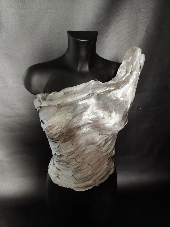 silver corset with feathers, cuirass, feather plate