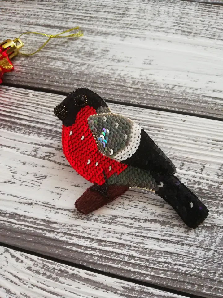 Red Bead Brooch , Embroidered Brooch , Bullfinch Brooch embroidered