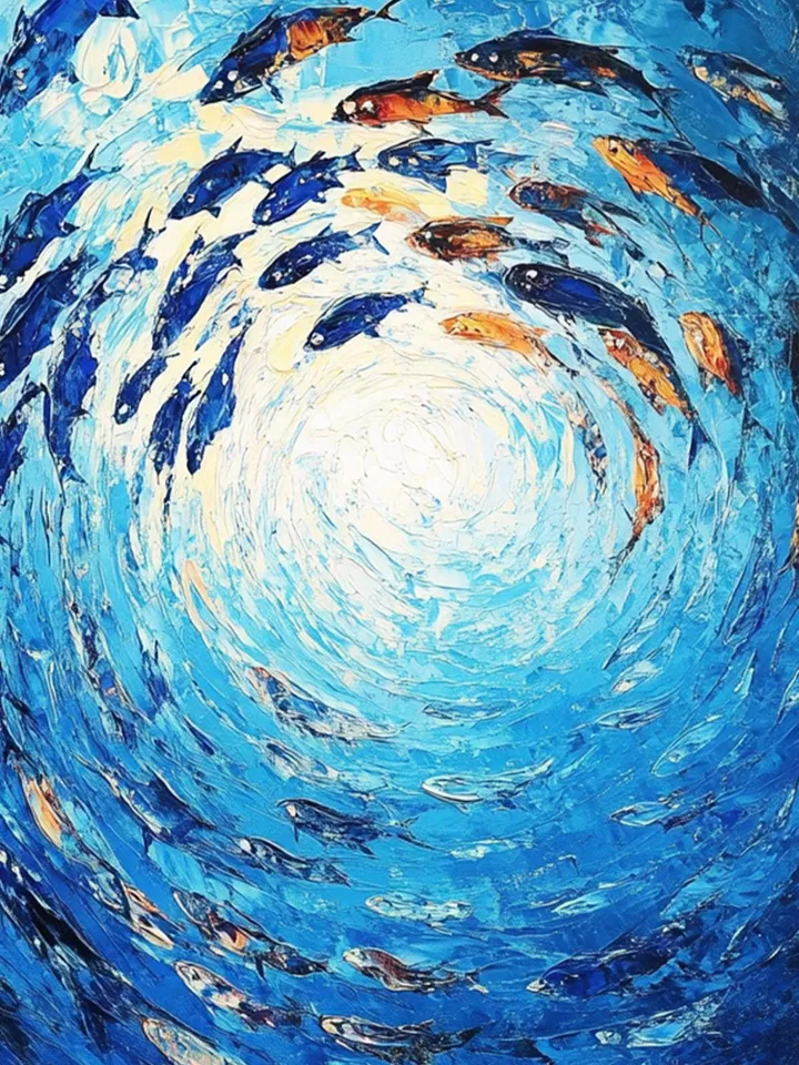 Ocean Painting, School of Fish Art, Impasto Fish Artwork, Blue Ocean Art, Underwater Scene, Textured Wall Art, Original Painting, Home Decor