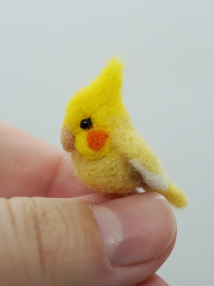 Miniature needle felted yellow cockatiel, tiny pet, cockatiel, made to order
