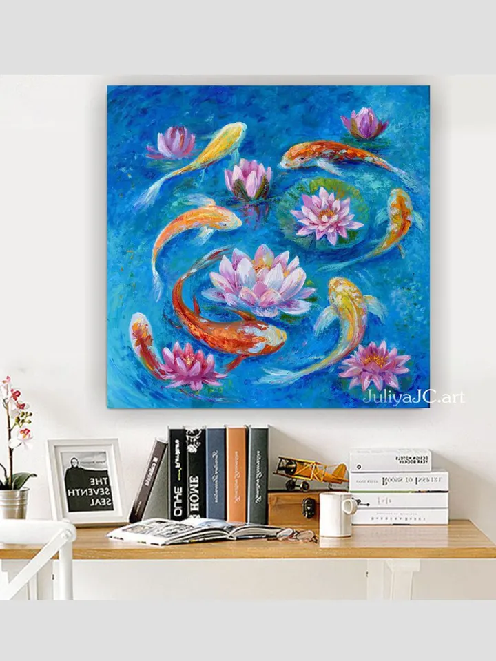 Koi Painting Original Art Fishes in the pond artwork 24 by 24 inch Water lilies art Koi fish Lotus oil painting