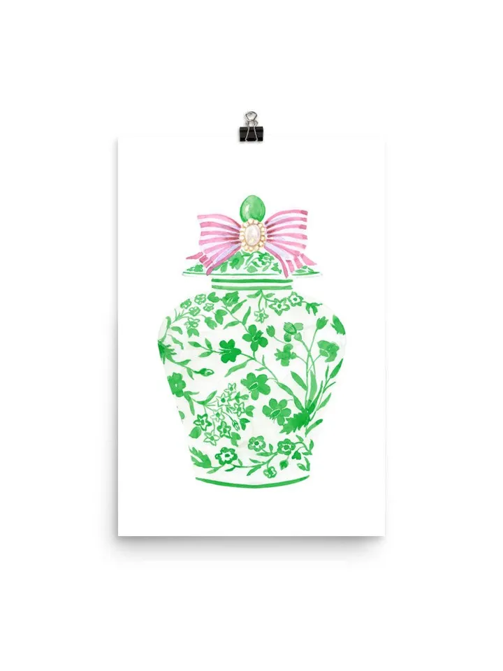 Green Chinoiserie Ginger Jar Vase, Porcelain Wall Art Print, Green Ginger Jar, China Vase Print, Pink And Green Decor Print