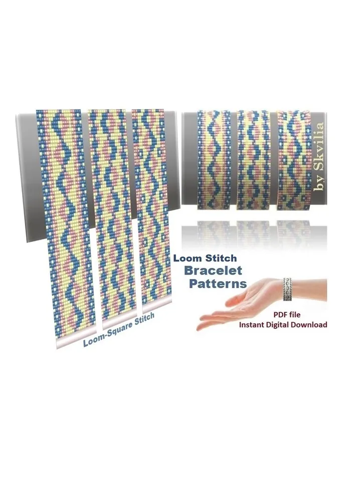 Cuff Bracelet Loom-Square Stitch Bead Patterns, Bracelet Beading Patterns, Miyuki Delica, Czech beads Preciosa, Instant Download