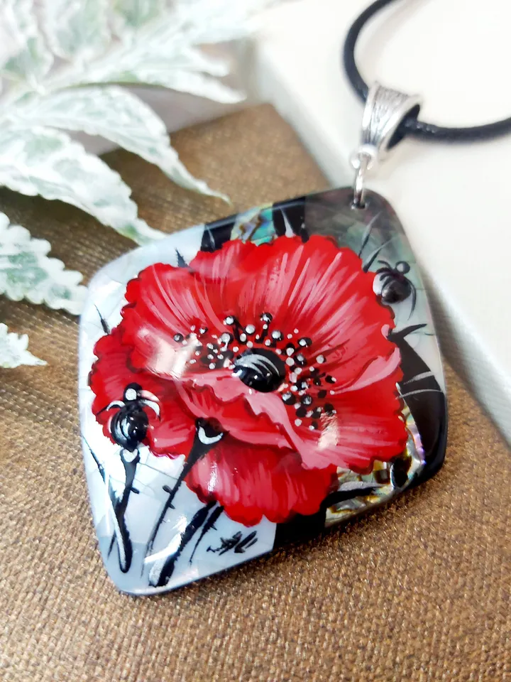 Pearl pendant necklace: Big red poppy flower on handmade necklace • Hand painted statement jewelry for dress • unique trendy floral necklace