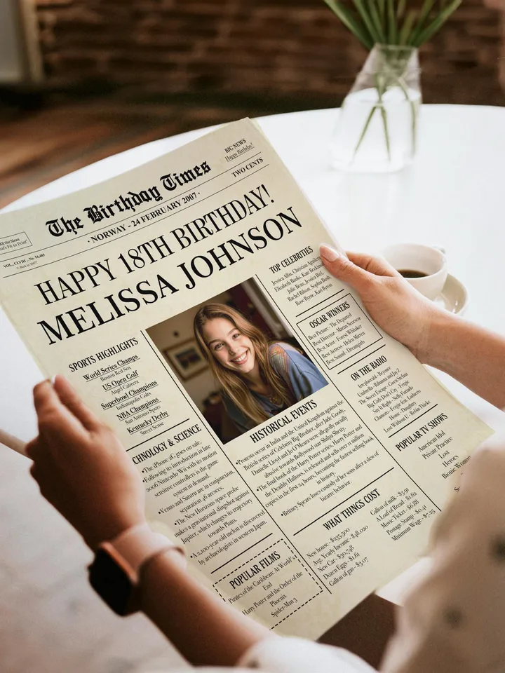 18th Birthday Newspaper Poster for Girl or Boy – Born in 2007 Sign, Back in 2007 Printable Gift, 18th Birthday Decorations