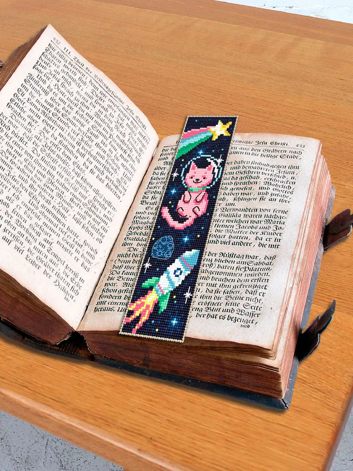 Cat in space bookmark cross stitch pattern PDF download Cute galaxy cat cross stitch chart, Handmade bookmark digital, Cat lover gift #B198