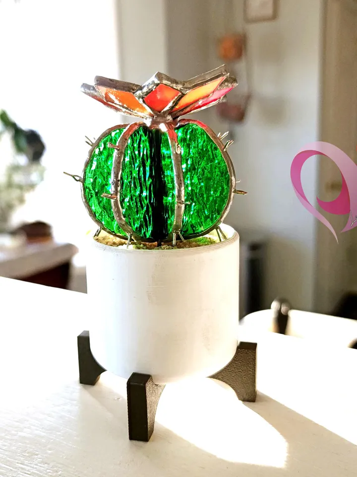 Stained Glass Cactus Suncatcher in White Pot with Stand - Cute Miniature Barrel Cactus with Flower