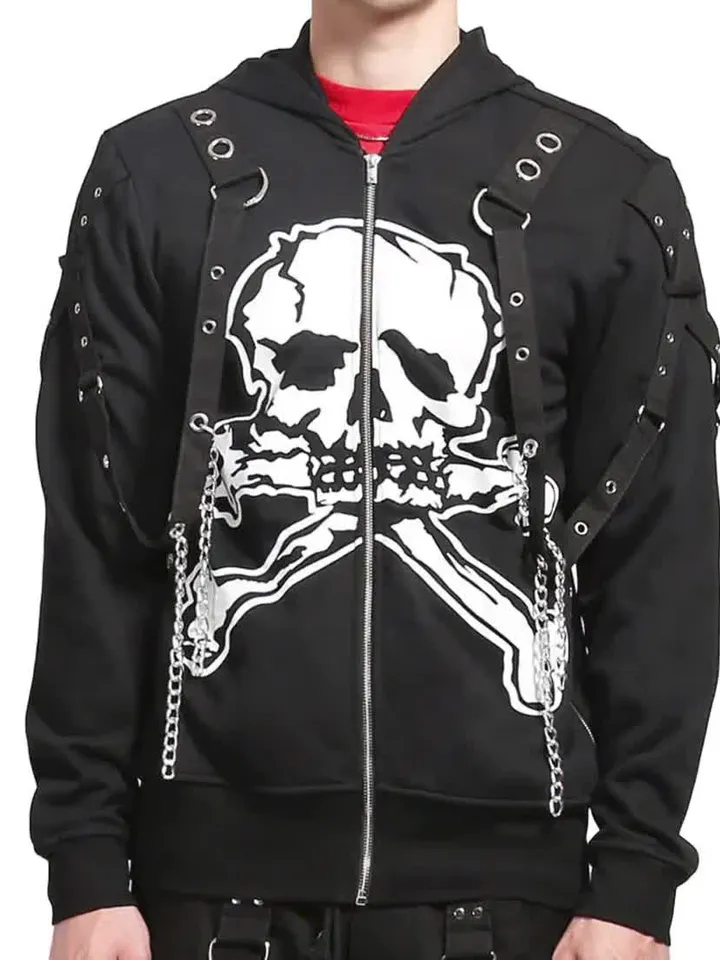 Skull Zip Hoodie with Chains & Harness | Cyberpunk Goth