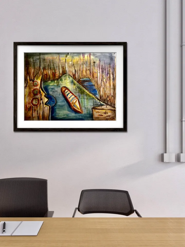 Fantasy cityscape with a boat,original watercolour mix media painting on watercolour 350 g paper,fantasy landscape wall hanging.