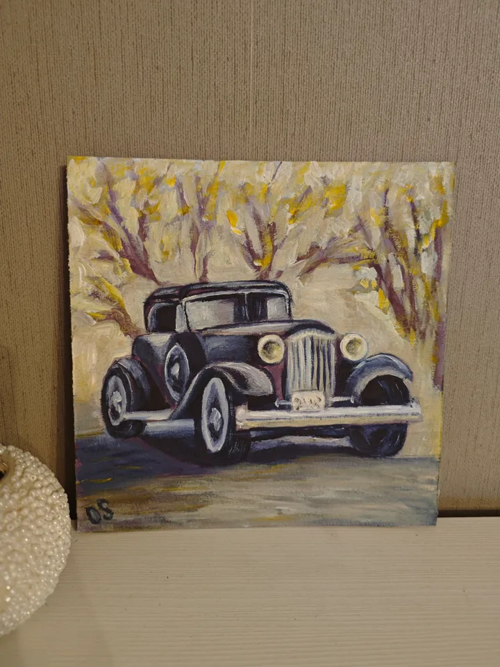 Retro Car Original Painting Car Original Art Retro Old Car Artwork Black Old Car Wall Art Decor 8 x 8 inches be OlgaSokolovaArt
