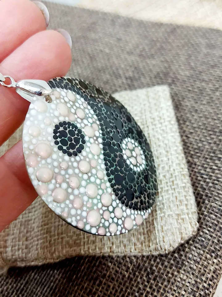 Illuminating Equilibrium: Hand-Painted Dotwork Yin Yang Pendant on Iridescent Mother-of-Pearl - Nacre Symbol of Ethereal Balance and Unity