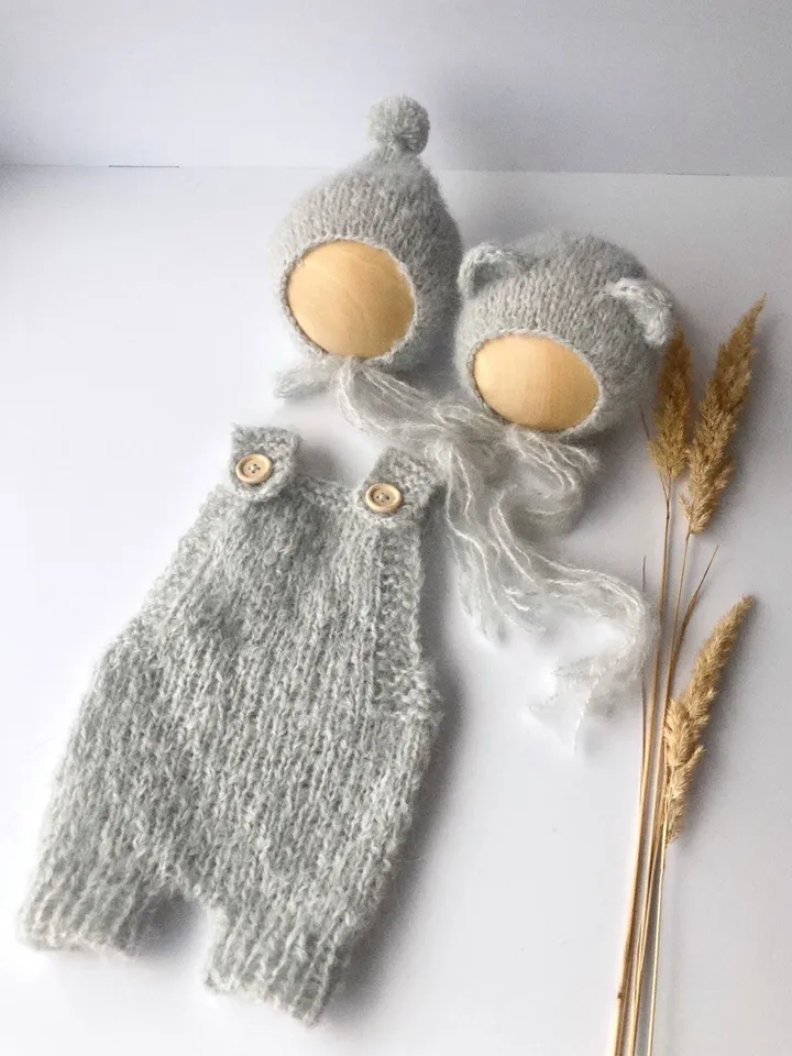 Airy fluffy romper for newborns. Knitted newborn photo props.